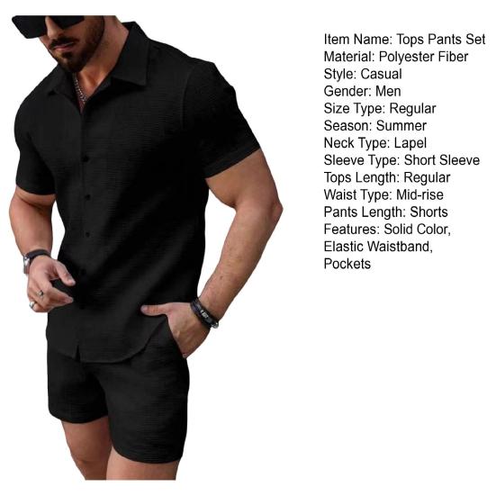 2 шт./комплект мужской наряд рубашка с коротким рукавом и лацканами топы эластичный шнурок на талии карманы шорты комплект однотонный пляжный наряд
