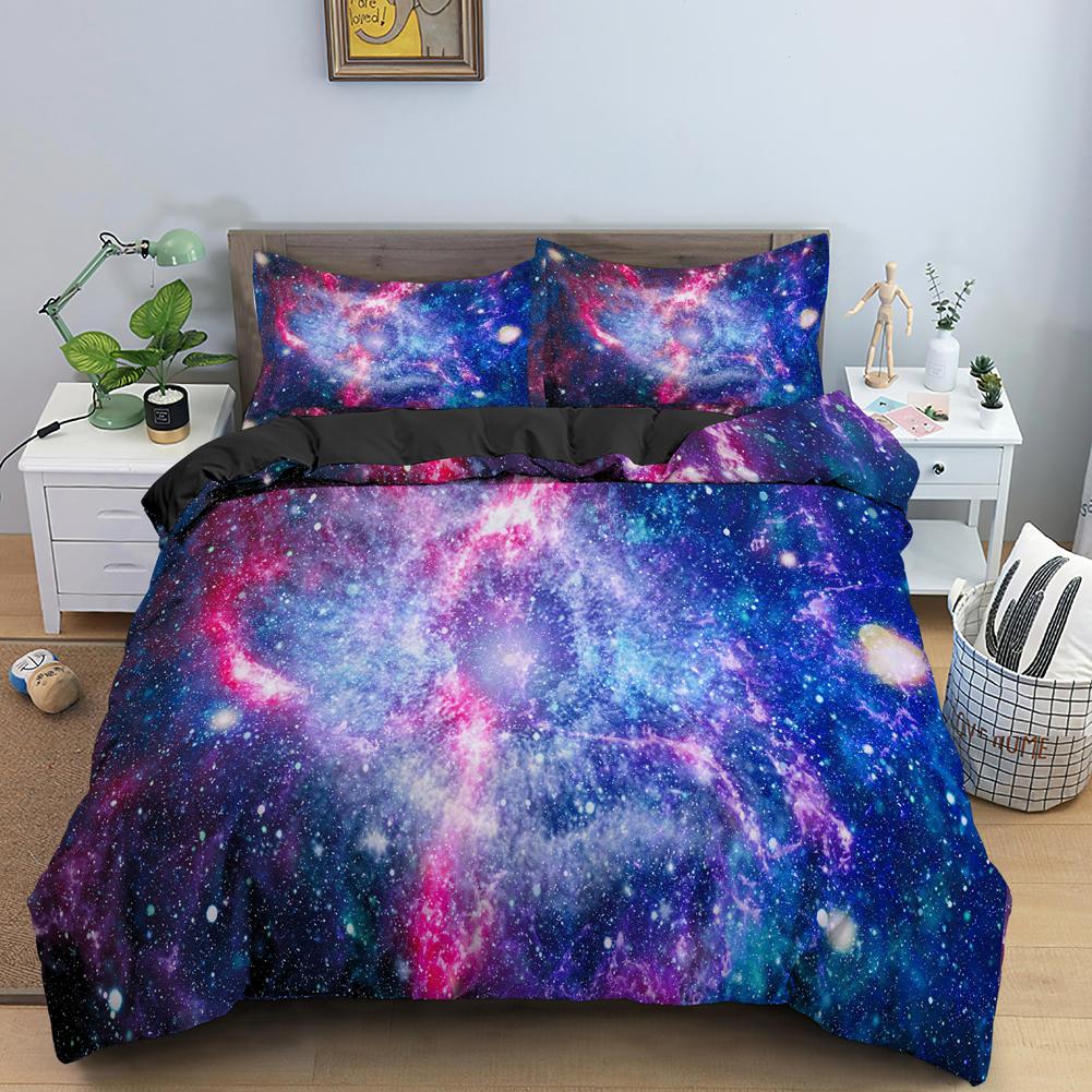 Королевский пододеяльник «Звездное небо» Красочный комплект постельного белья «Галактика» Космическое пространство 2/3 шт. Пододеяльник Блестящий полиэстер Чехол для одеяла