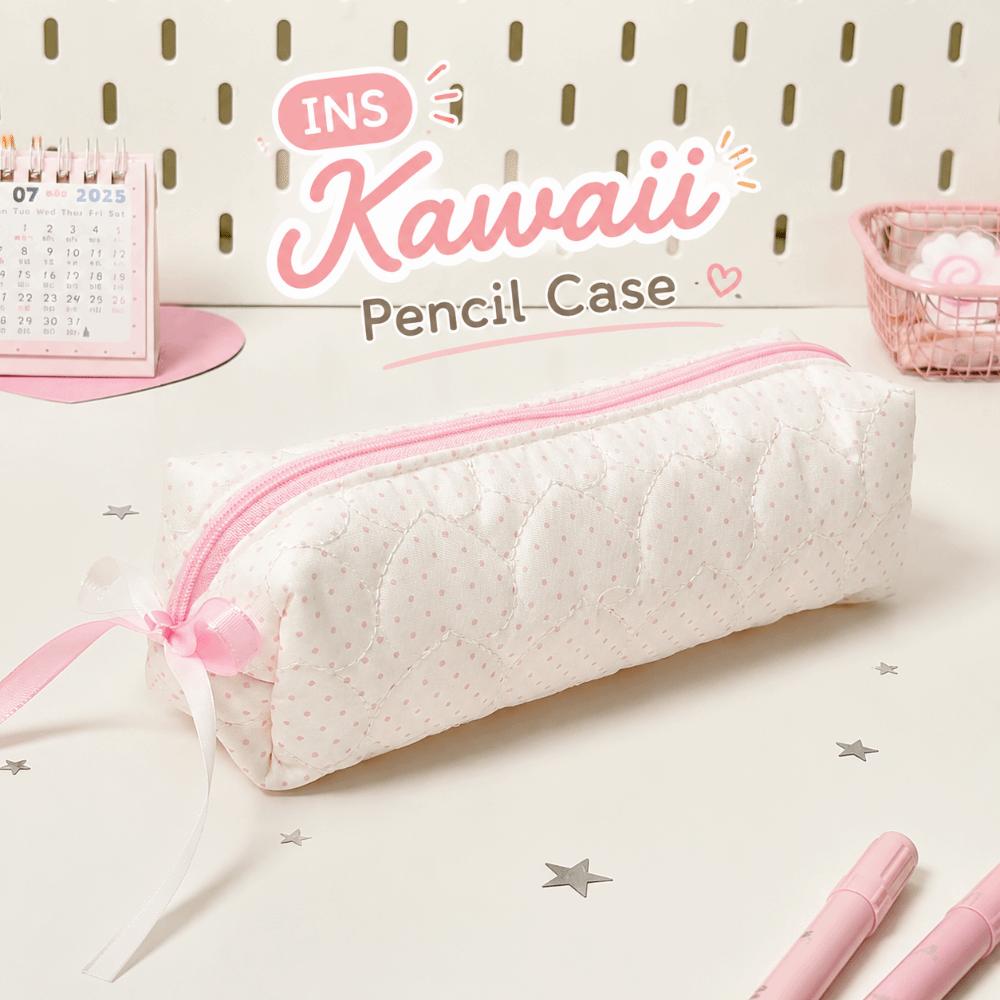 Polka Dot Print Pen Bag Pink White Stationery Pouch Cute Pencil Case Back To School