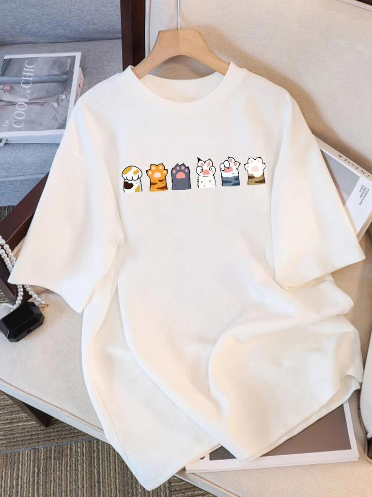 Принты с комбинациями кошачьих лап разных цветов Летние футболки Женские футболки с коротким рукавом Мягкие топы с круглым вырезом Базовая одежда