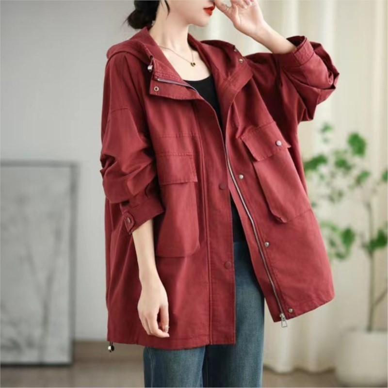 Johnature Woman Autumn Solid Color Hooded Drawstring Long Sleeves Coat Loose Casual Splicing Zipper Coat