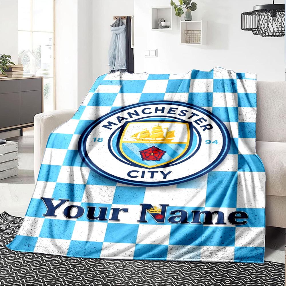 Name Custom Manchester City FC Print Flannel Blanket High Quality Warm Comfortable Cover for All Seasons Perfect for Gifts Home Decor
