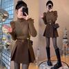 Women's Spring 2025 Korean Style Ruffle Sweater & High-Waisted Midi Skirt Two-Piece Set