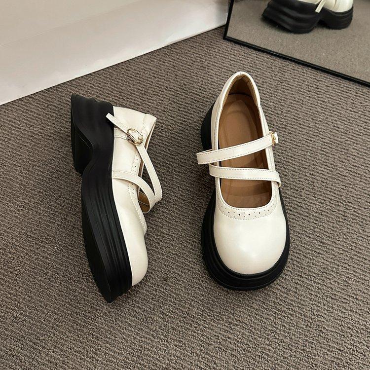 Black versatile platform British style small leather shoes women's 2025 new summer retro round head thick heel Mary Jane shoes