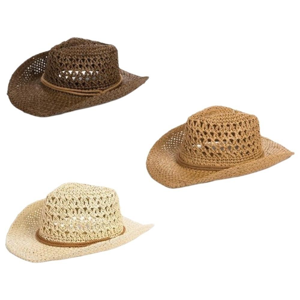 Retro Wide Brim Sunscreen Straw Hat Ethnic Style Hollow Out Western Cowboy Hat Breathable Solid Color Fisherman Hat Fishing