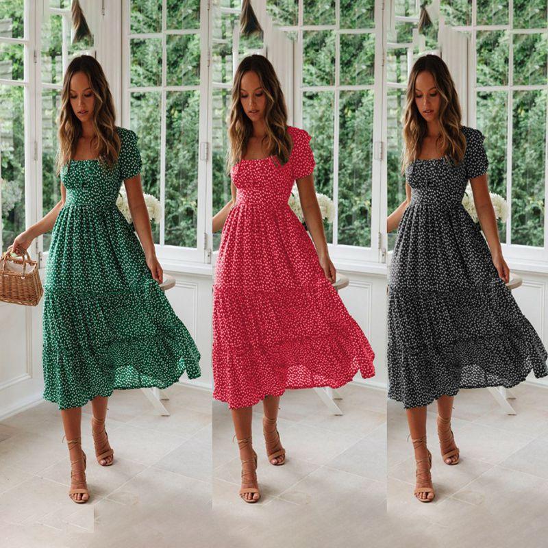 Элегантное женское платье макси в горошек в стиле бохо с оборками и квадратным вырезом для пляжа