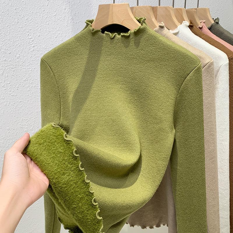Women's Autumn and Winter Half-high Neck Knitted Thickening Bottom Warm Inner Wooden Ear Edge Tops