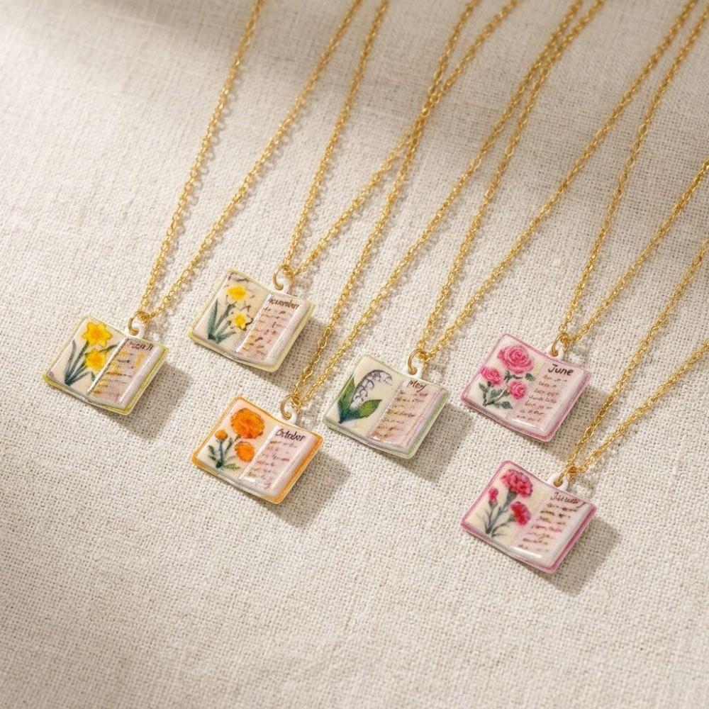 Flowers Birthday Necklace Month Design Sense Necklace Vintage Book Pendant Necklace Jewelry