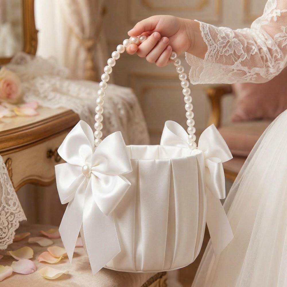 Satin White Wedding Flower Basket Rustic Bowknot Flower Girl Basket Floral Petals