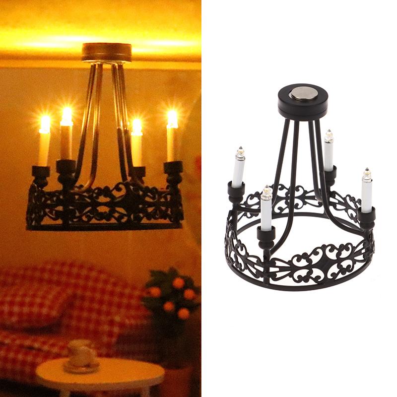 1:12 Dollhouse Miniature Led Light Wall Lamp Black Four-Head Round Chandelier Home Lighting Model Furniture Decor Toy