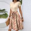 Women's Fashionable Retro Patterned Printing Color Blocked Belt Casual Dress