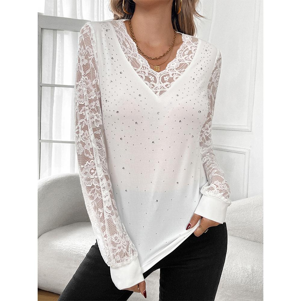 Lace V Neck Tops for Women Sparkle Dressy Slim Fitted Elegant Blouse Long Sleeve Business Casual Shirts