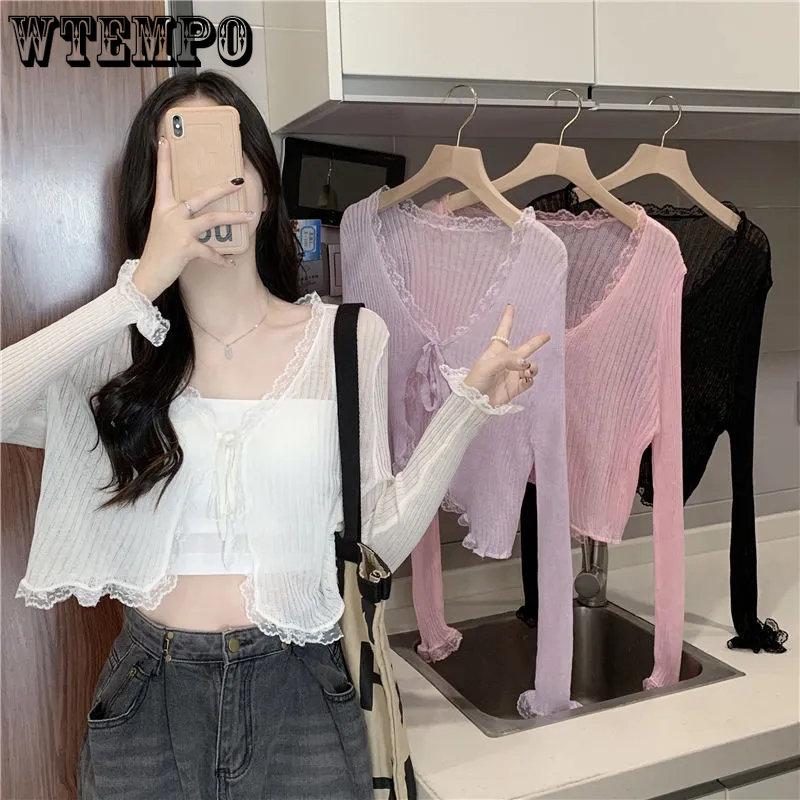 Summer Lace Cropped Sunscreen Cardigans Women New Basics Slim Lace-up Long Sleeve Thin See Through Knitted Tops 4 Colors