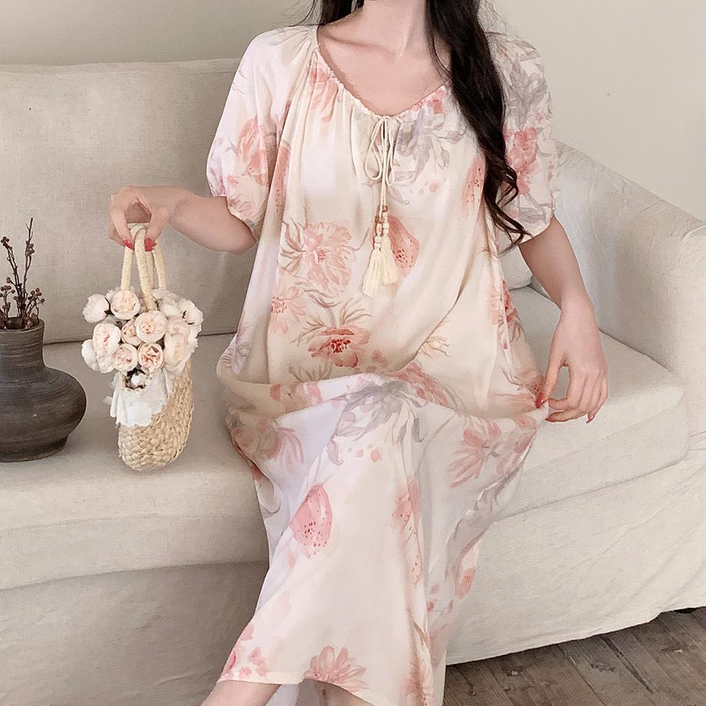 New Chinese style printed cotton and silk nightdress for women's summer thin short-sleeved medium and long round neck loose and can be worn outside 