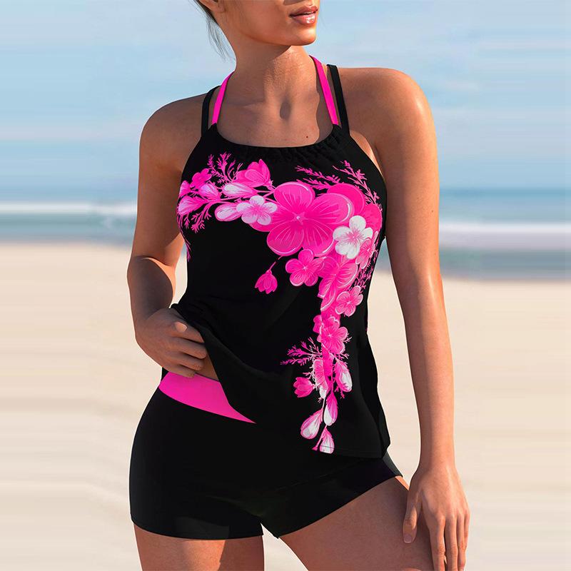 Women Bikini Two Piece Swimsuit Floral Print Cross Strap Halter Tankini Plus Size Set