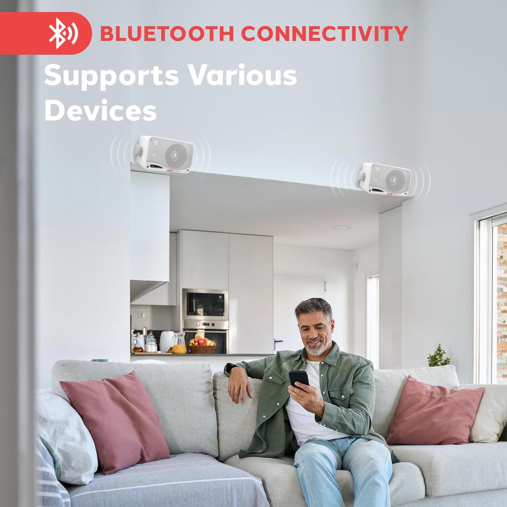 Водонепроницаемые Bluetooth-колонки Pyle Максимальная мощность 200 Вт Номинальная мощность 100 Вт 4-полосные Сетчатая решетка Регулируемые Гарантия Настенное крепление (Набор 2) 8,9 см Настенный/Потолочный