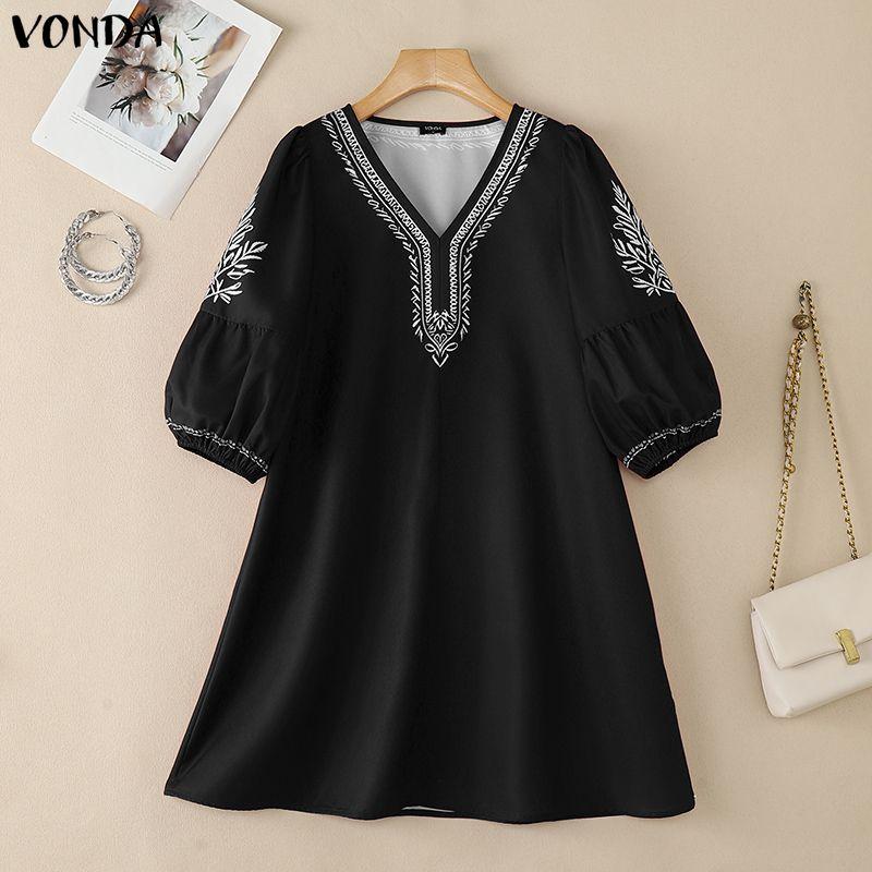 VONDA S-5XL Летнее женское платье с V-образным вырезом, 3/4 рукавом, принтом, элегантное, повседневное, свободное