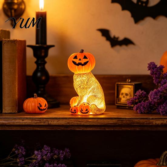 Small Desktop Atmosphere Light Lighted Pumpkin Cat Figurine, Spooky Halloween Tabletop Resin Sculpture, Party Table Centerpiece Autumn Fall