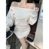 Autumn and Winter Off-the-shoulder Knitted Sweater Dress Women New Elegant Long Sleeve Hip-wrapped Waist Bodycon Party Short Dresses Clothing 2222