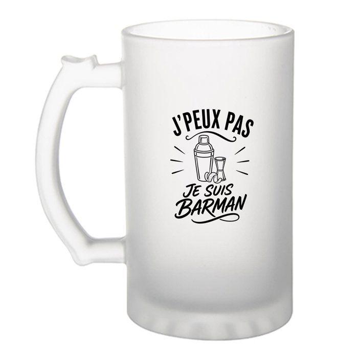 Chope à bière - PLANETEE - J’peux pas je suis Barman - Verre trempé givré 470 ml - Impression indélébile - Compatible lave-vaisselle