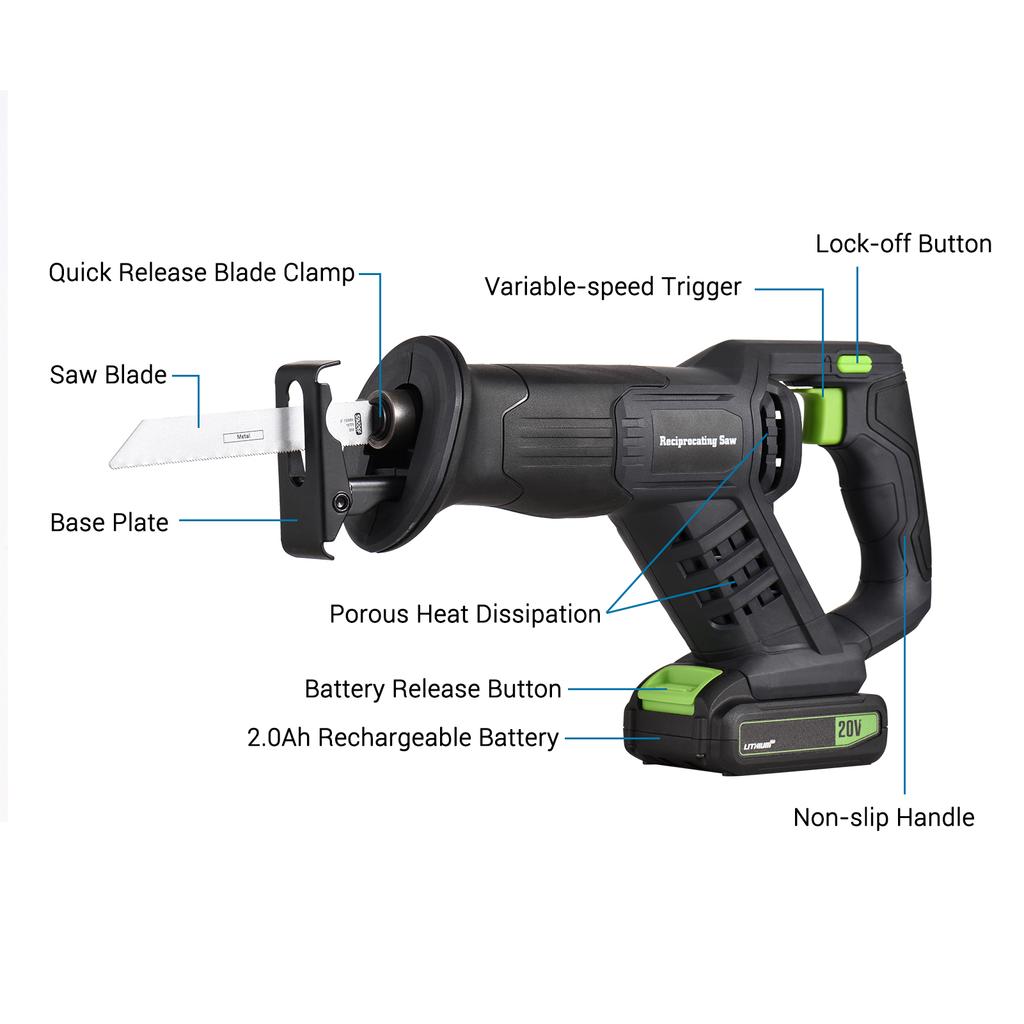 Аккумуляторная сабельная пила 20 В, ручная электрическая пила с переменной скоростью, 3000 об/мин, быстрая батарея 2,0 Ач