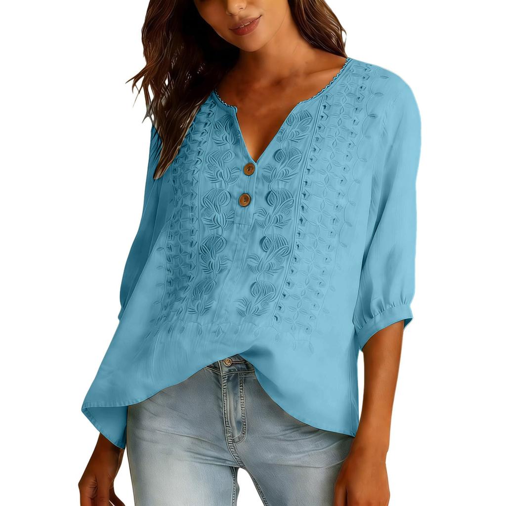Women's Casual O-Neck Button Down Shirt Color 3/4 Sleeve Hem Split Cotton Blouse