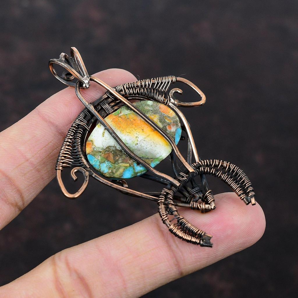 Колючая устрица, медный бирюзовый кулон, медная проволока, кулон, кулон ручной работы с драгоценным камнем, медные украшения, подарок на помолвку, кулон в виде черепахи