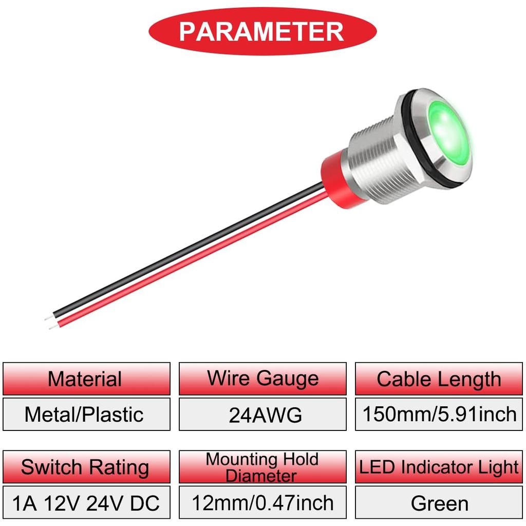 MKBKLLJY 6 шт. 12 мм DC12-24V1A зеленый светодиодный металлический индикаторный светильник водонепроницаемый сигнальная лампа пилотная панель управления с длиной кабеля 150 мм и крышкой для проводки F