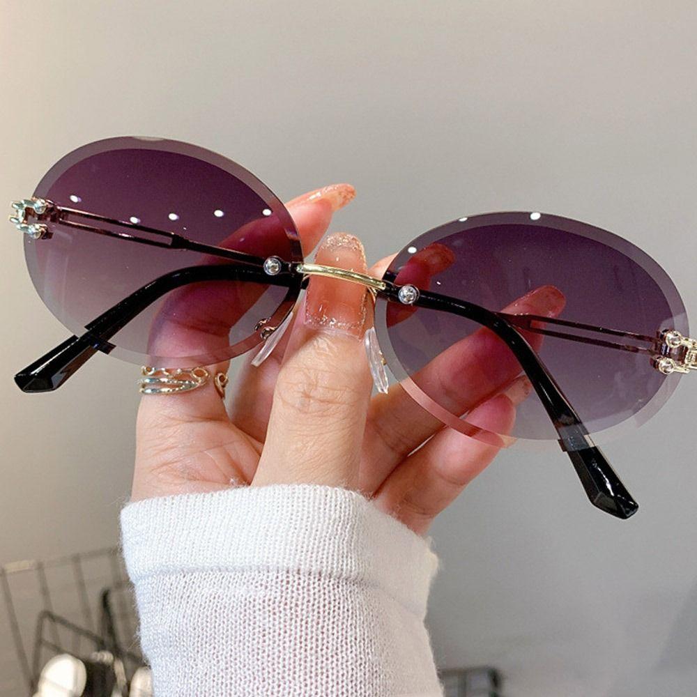 Rimless Oval Sunglasses Vintage Metal Punk Sun Glasses Trendy Frameless Shades Uv400 Protection Gradient Lens Glasses