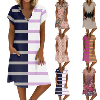 Женское летнее платье из хлопка и льна с V-образным вырезом и короткими рукавами