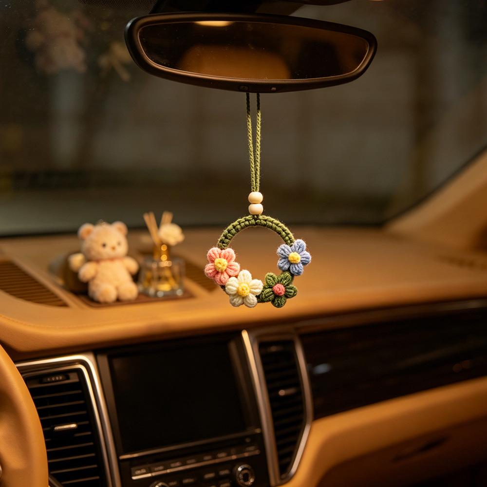 Handwoven Flower Car Mirror Pendant: Goddess Style Interior Ornament