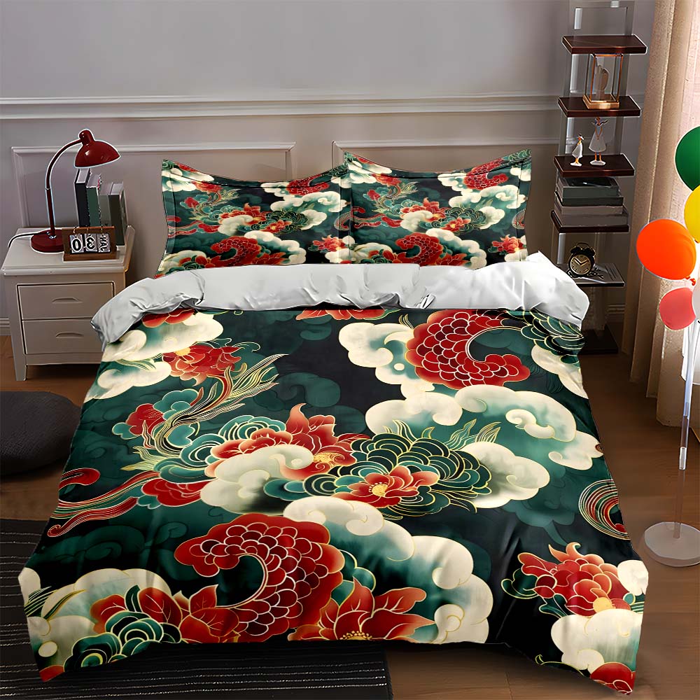 Dragon-themed floral. Bedding Duvet cover sets Duvet covers Pillowcases gifts (1 * Duvet Cover 2 * Pillowcases, without duvet insert)