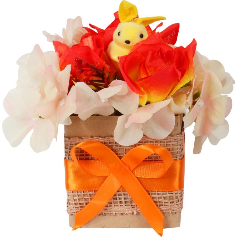 Easter Bunny Decoration in Oranges with Artificial Flowers in Flower Box Powder