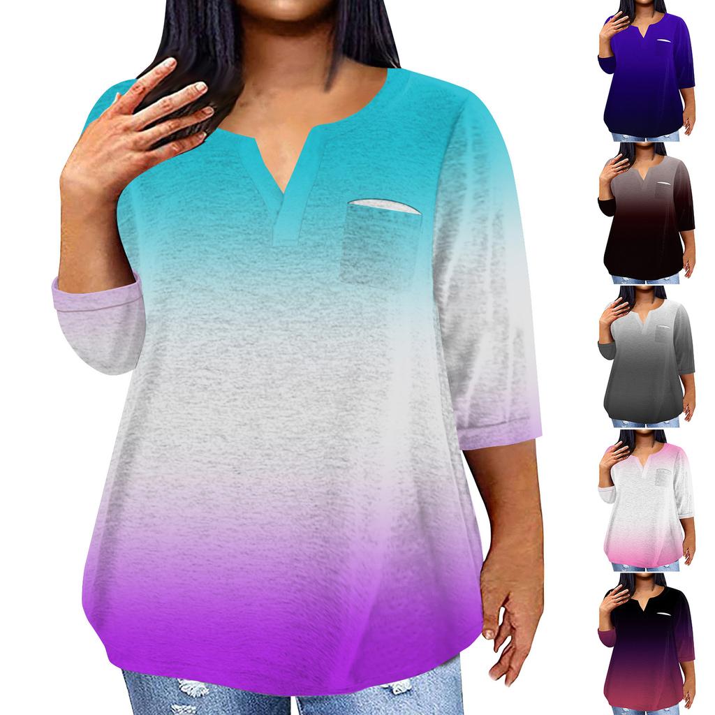 Women's Fashionable Casual Three Quarter Sleeve Printed V Neck Pullover 4/3 Sleeve Top