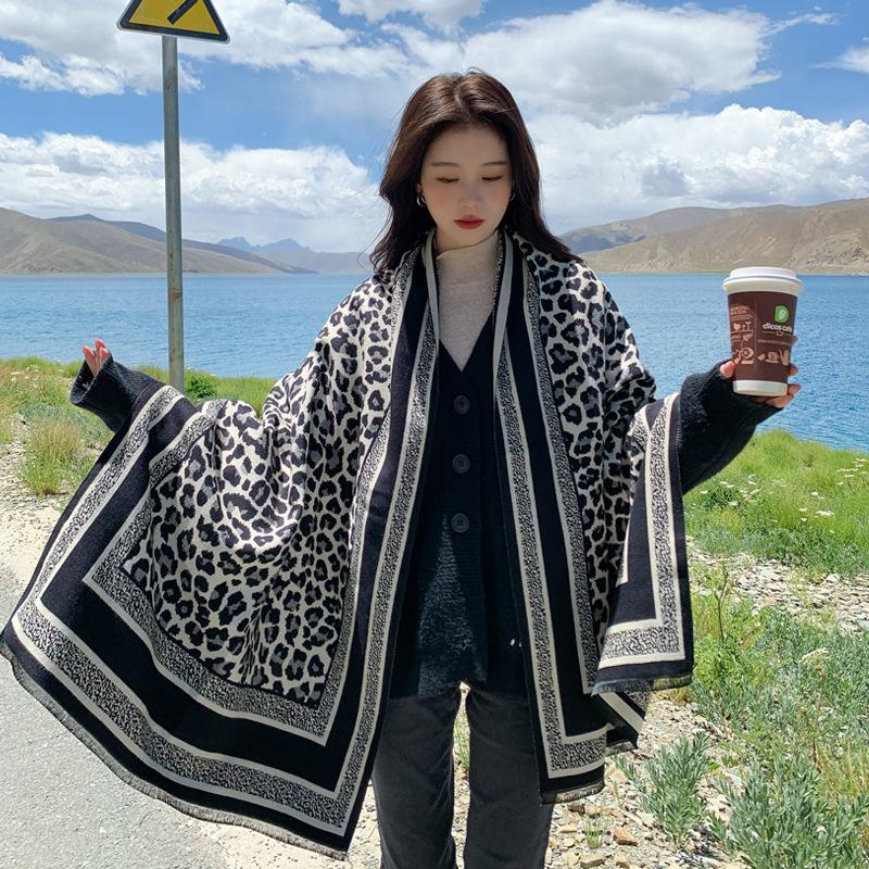 New Autumn and Winter Leopard Print Imitation Cashmere Scarf for Women Double Sided Temperament Fashion Jacquard Shawl Widened and Thickened Scarf