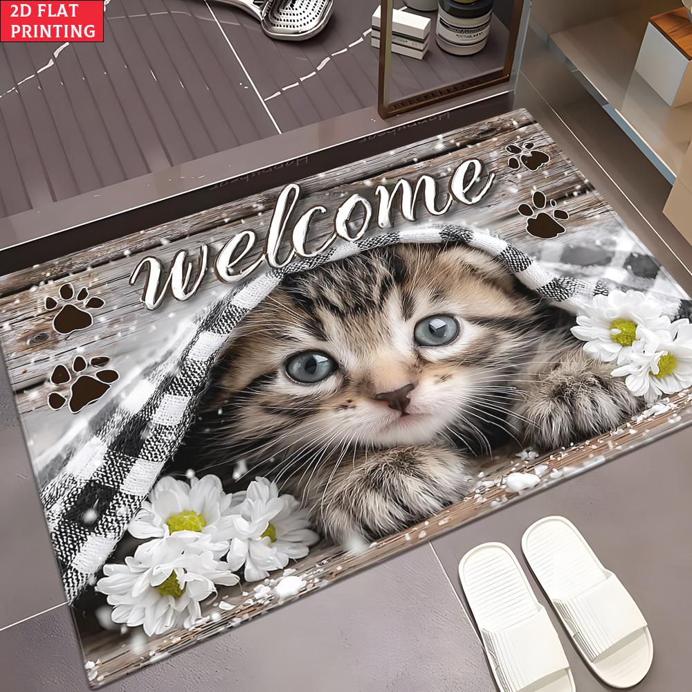 Kitten and Daisy Welcome Doormat Cute Tabby Cat with Plaid Blanket Print Non Slip Floor Mat for Cat Lovers