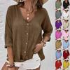 Women's Fashion Casual Solid Color V-Neck Live Button Seven Sleeve T-Shirt Top