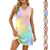 Женское повседневное модное сексуальное платье без рукавов с V-образным вырезом и градиентным принтом на подоле с разрезом