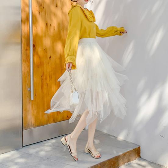 Женская юбка Эластичная Высокая талия Неровный Многослойный Подол Midi Юбка Блестящие Стразы Декор Стройнящая Вечеринка Юбка Повседневная