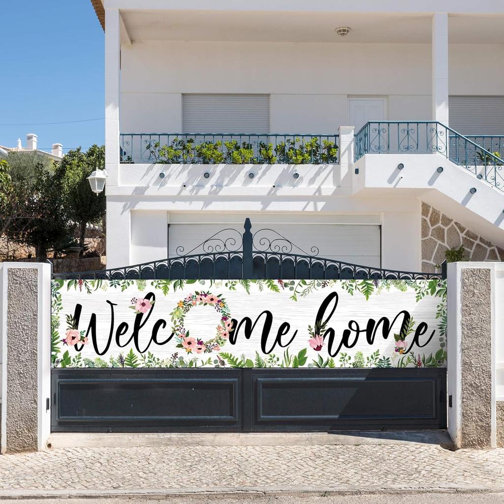 Sumind Welcome Home Banner Large Welcome Home Sign Decorations with Rope Hanging Seasonal Spring Flower Garland Grass Backdrop for Housewarming Party
