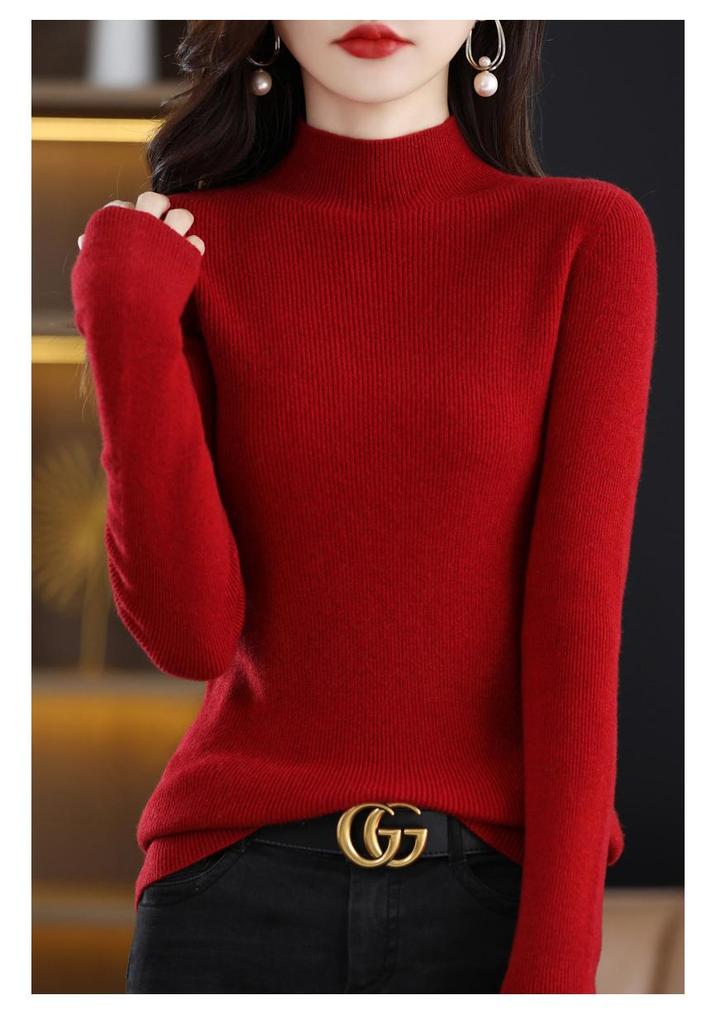 Women's Slim-Fit Korean Style 100% Wool Sweater, Half-High Neck Knit Base Layer for Autumn/Winter
