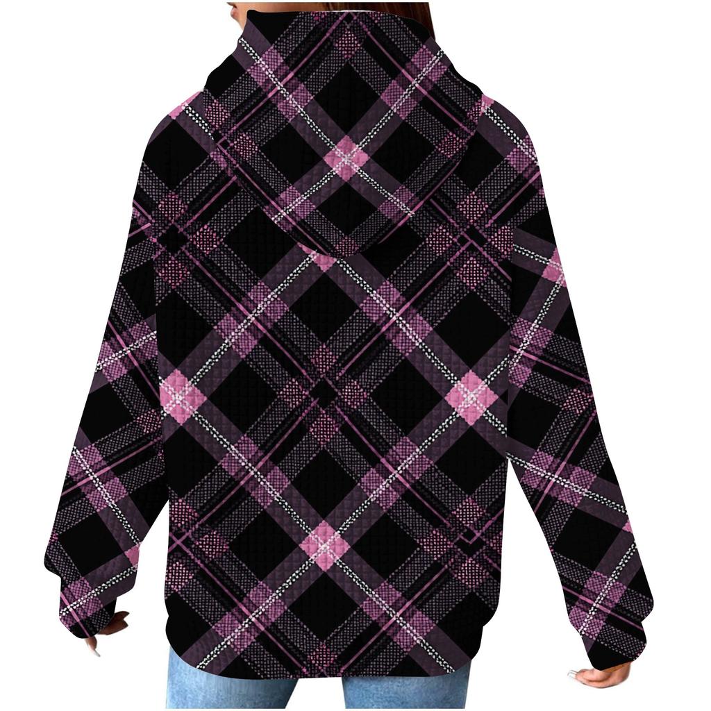 Женский модный свободный пуловер с капюшоном, длинными рукавами, клетчатый свитшот с кулиской, приспущенным плечом и принтом-топом с карманом