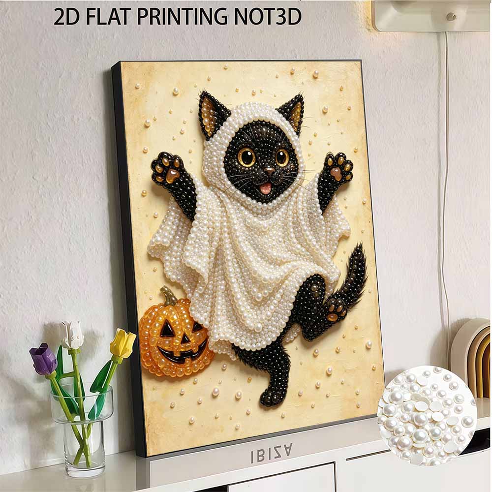Набор для DIY-рисования жемчугом без рамки Милый кот Призрак Тыква 3D Блестящее жемчужное искусство Холст Расслабляющий Творческий Ручная работа Подарок