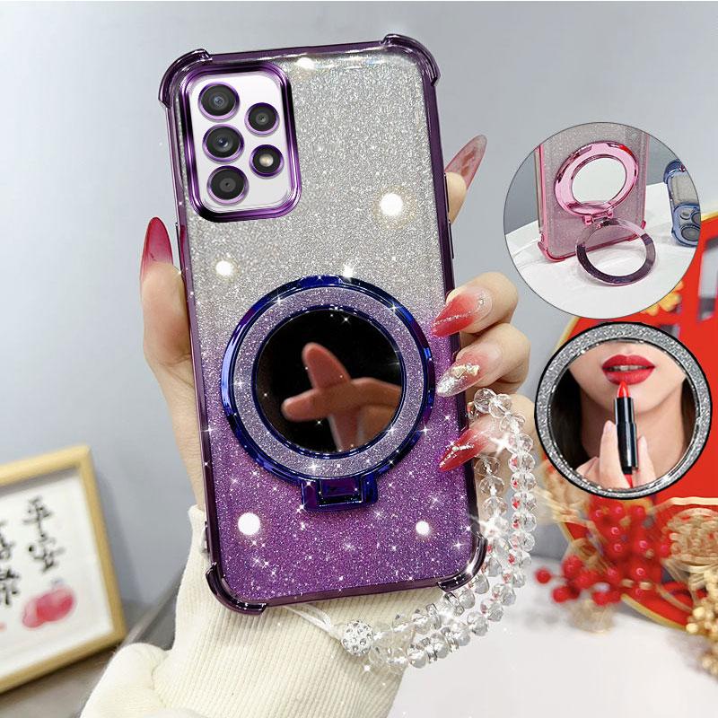 Glitter Four-Corner Shockproof Phone Case with Mirror Stand Beaded Strap For Samsung Galaxy A57 A37 A17 A56 A36 Back Cover Case