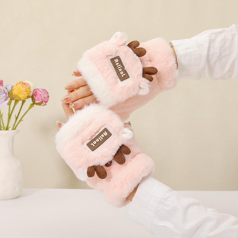 Женские зимние теплые перчатки с откидными пальцами и цветными блоками с оленями - на флисовой подкладке, утолщенные и морозостойкие для письма и езды на велосипеде