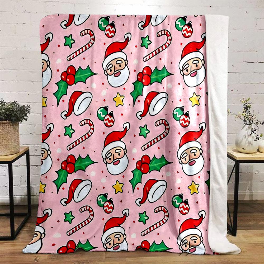 Santa Christmas Pattern with Holly & Candy Patterned flannel blanket perfect for the bedroom living room, sofa, or a little nap