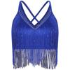 Womens Salsa Dance Top Latin Performance Wear V Neck Sleeveless Crop Top Crisscross Back Fringe Detail