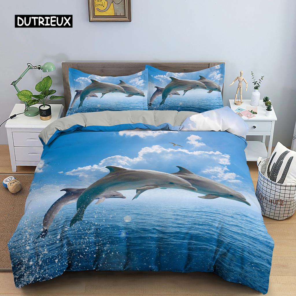 Пододеяльник с дельфинами, комплект постельного белья 3D для мальчиков и девочек, для взрослых, одеяло, покрывало Queen King, домашний текстиль, морская жизнь, полиэстер, пододеяльник