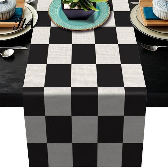 Washable Rectangular Desk Runner Modern Geometric Table Runner, Black And White Checkered Stylish Pattern 72 Inch Striped for Dining Decor Easy Care