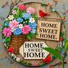 2d Flat 20*20cm "Home Sweet Home" Circular Wooden Wall Hanging, Designed with Rural Flowers and Birds, Suitable for Entrance, Living Room and Garden.